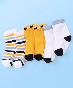 Cute Walk by Babyhug Cotton Blend Ankle Length Anti Bacterial Socks Stripes Design Pack of 3 - White & Yellow