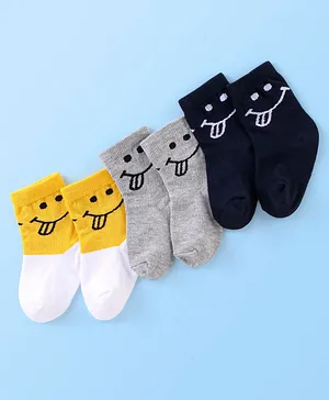 Cute Walk by Babyhug Cotton Knit Anti Bacterial Ankle Length Happy Face Design Socks Pack of 3 - Multicolour