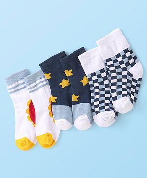 Cute Walk By Babyhug Non Terry Anti Bacterial Ankle Length Socks With Checks & Star Design Pack Of 3 - White & Blue