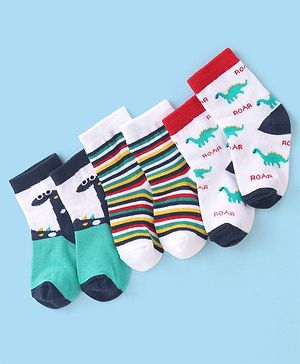 Cute Walk by Babyhug Cotton Blend Ankle Length Anti Bacterial Socks Dino Design Pack of 3 - White & Blue