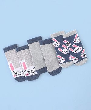 Cute Walk by Babyhug Cotton Blend Ankle Length Anti Bacterial Socks Bunny Design Pack of 3 - Grey & Blue