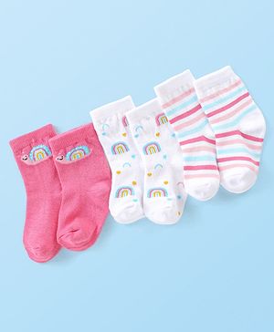 Cute Walk By Babyhug Non Terry Anti Bacterial Ankle Length Socks With Rainbow Design Pack Of 3 - White & Pink