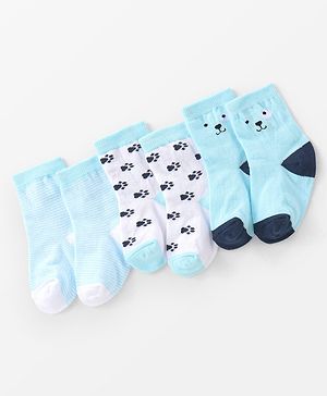 Cute Walk By Babyhug Non Terry Anti Bacterial Ankle Length Socks With Paws Design Pack Of 3 - White & Blue