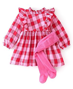Babyhug Rayon Yarndyed Full Sleeves Frock with Stockings Checkered - Pink
