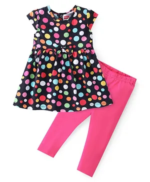 Babyhug 100% Cotton Knit Half Sleeves Frock Polka Print With Leggings - Navy Blue & Pink