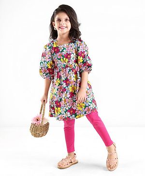 Babyhug Poplin Knit Half Sleeves Frock with Leggings Floral Printed - Pink