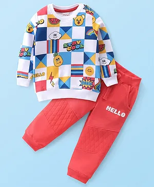Babyhug 100% Cotton Knit Full Sleeves Text Printed Sweatshirt & Lounge Pant Set - Multicolour