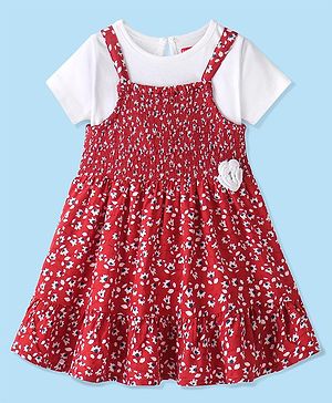 Babyhug Rayon Frock with Half Sleeves Inner Tee Floral Printed - Red & White