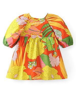 Babyhug Cambric Woven Half Sleeves Frock Tropical Print - Yellow