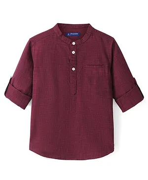 Pine Kids Cotton Woven Roll Up Full Sleeves Solid Colour Kurta Shirt with Mandarin Collar- Maroon