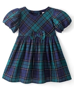 Babyhug Woven Yarn Dyed Half Sleeves Frock Checkered - Green & Blue