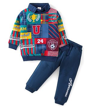 Babyhug 100% Cotton Knit Full Sleeves T-Shirt & Lounge Pant Set Text Print - Green & Blue