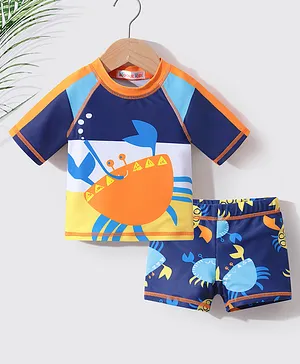 Kookie Kids Half Sleeves 2 Piece Swimsuit Crab Print - Blue