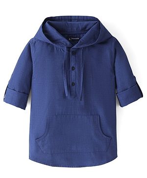 Pine Kids Cotton Roll-up Full Sleeves Solid Colored Hooded Shirt - Blue