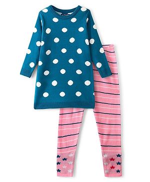 Pine Kids Female Full Sleeves Tunic and Full Length Bottom Sweater Set Polka Dots Design & Striped - Blue & Pink
