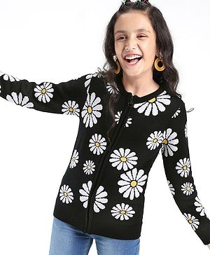 Pine Kids Full Sleeves Front Open Zipper Floral Design Sweater - Black