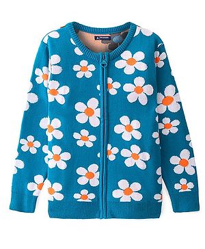 Pine Kids Full Sleeves Foral Structured Front Open Zipper Sweater - Teal Blue