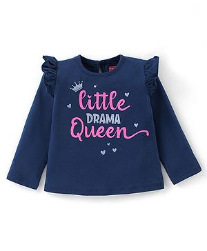Babyhug Full Sleeves Tee With Text Graphics & Frill Detailing - Navy Blue