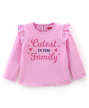 Babyhug Cotton Full Sleeves Tee With Frill Detailing & Text Graphics- Pink