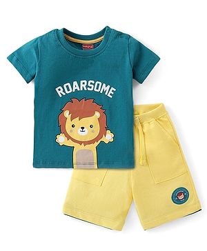 Babyhug 100% Cotton Knit Half Sleeves T-Shirt & Shorts With Lion Print - Green & Yellow
