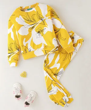 Tiara Full Sleeves Leaf Printed Colour Splash  Jogger Set - Yellow
