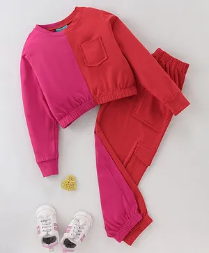 Tiara Full Sleeves Colour Block Printed  Jogger Set - Pink