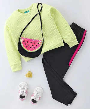 Tiara Full Sleeves Solid Top & Pant With Purse - Neon Green