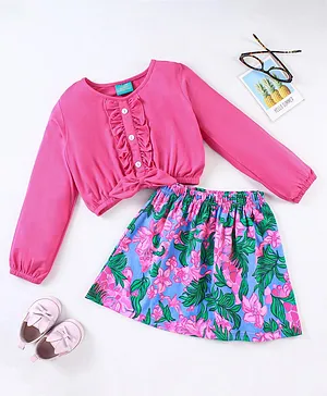 Tiara Full Sleeves Ruffled Top With Floral Printed Skirt - Pink