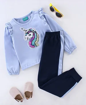 Tiara Full Frill Sleeves Detailed Unicorn Sequin Embellished Patched Detailed  Top & Pant - Blue