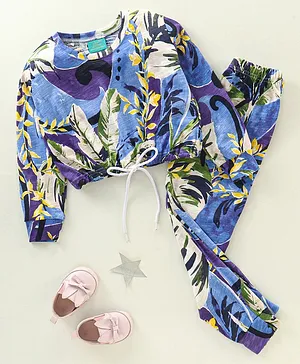 Tiara Full Sleeves Seamless Wild Forest Leaves Printed Coordinating Jogger Set - Purple