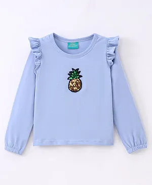 Tiara Full Fleeves Pineapple Sequinned  Embellished Patch Detailed Top - Blue