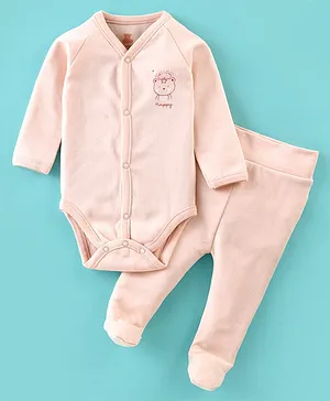 I Bears Cotton Interlock Full Sleeves Bear Printed Oneise with Bootie Leggings - Peach