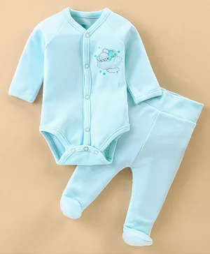 I Bears Cotton Interlock Full Sleeves Bear Printed Oneise with Bootie Leggings - Blue