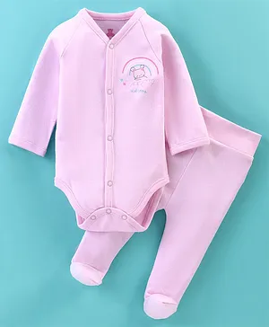 I Bears Cotton Interlock Full Sleeves Bear Printed Oneise with Bootie Leggings - Pink