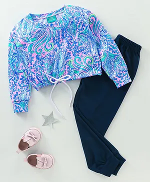 Tiara Summer Theme Full Sleeves Seamless Fishes & Sea Waves Printed Tee With Jogger Set - Pink & Blue