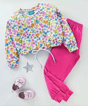 Tiara Full Sleeves Seamless Garden Flowers Printed Top With Jogger Set - Pink