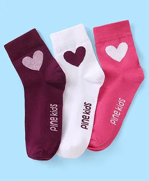 Pine Kids Ankle Length Socks With Heart & Text Design - White Pink & Maroon