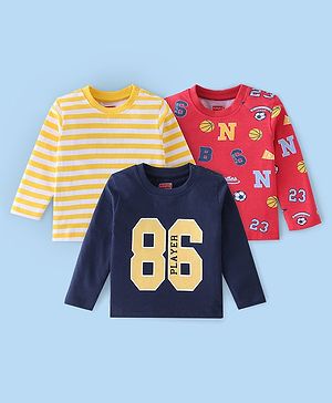Babyhug Cotton Knit Full Striped & Numeric Printed T-Shirts Pack of 3 - Multicolour