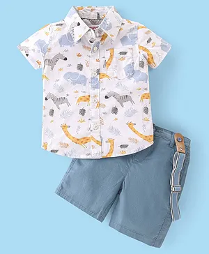 Babyhug Cotton Woven Half Sleeves Shirt and Shorts with Suspenders Animal Print - White & Blue