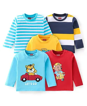 Babyhug Cotton Knti Full Sleeves T-Shirts Striped & Tiger Printed Pack of 5 - Blue Red & Yellow
