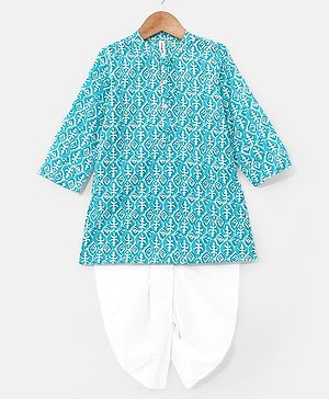 Babyhug 100% Cotton Knit Full Sleeves Printed Kurta & Dhoti Set - Aqua Blue & White