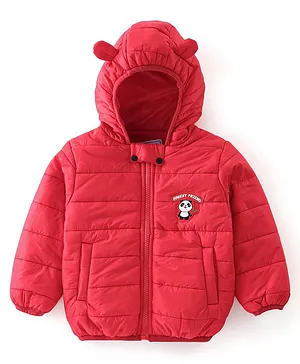 Babyhug Full Sleeves Solid Colour with Panda Patch Padded Hooded Jacket - Red