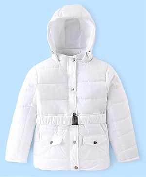 Pine Kids Full Sleeves Medium Winter Hooded Jacket With Belt - White