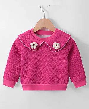 Kookie Kids Full Sleeves Winter Top  with Floral Applique - Fuchsia