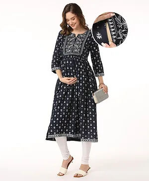 Bella Mama Woven Three Fourth Sleeves Floral Printed with Embroidered Yoke Maternity Kurta with Pocket - Blue
