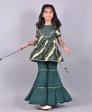 misbis Half Sleeves Bandhej Designed Sequin Embellished Leheriya Kurta With Gota Lace Embellished Sharara - Teal Green