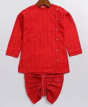 VASTRAMAY SISHU Full Sleeves Striped Sequin Embellished Flower Button Detailed Kurta And Dhoti Set - Red