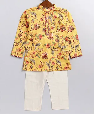 VASTRAMAY SISHU Full Sleeves Floral  Printed Kurta Pyjama Set - Mustard Yellow And Cream