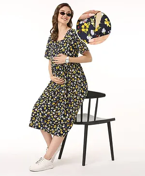 Bella Mama Woven Flower Print Half Sleeves Maternity Dress with Pocket- Navy Blue