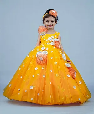 Li&Li BOUTIQUE Sleeveless All Over Flower Applique Fit & Flare Dress - Mango Yellow, White, & Peach